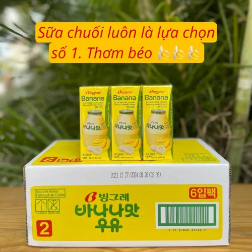 Sữa Binggrae trái cây Hàn Quốc Vị Chuối Thùng 24 hộp-Hương vị Tươi Mát, Dinh Dưỡng Tự Nhiên.